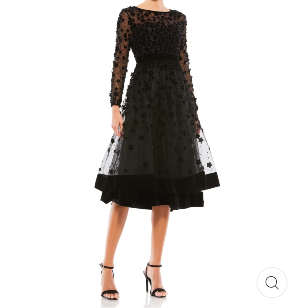 Mac Duggal Embellished Illusion Neck 3D Floral Mesh/Velvet Black Dress Size 16